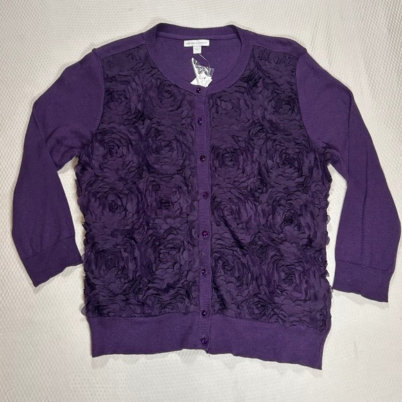 New York & Company Sweaters - New York & Company Purple Rosette 3D Floral Button Front Cardigan Sweater NEW